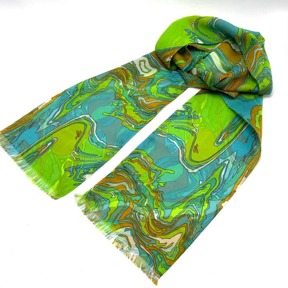 Vintage 1970s Psychedellic Marbled Scarf 7x88 Green Teal Blue Tan Boho Hippie
